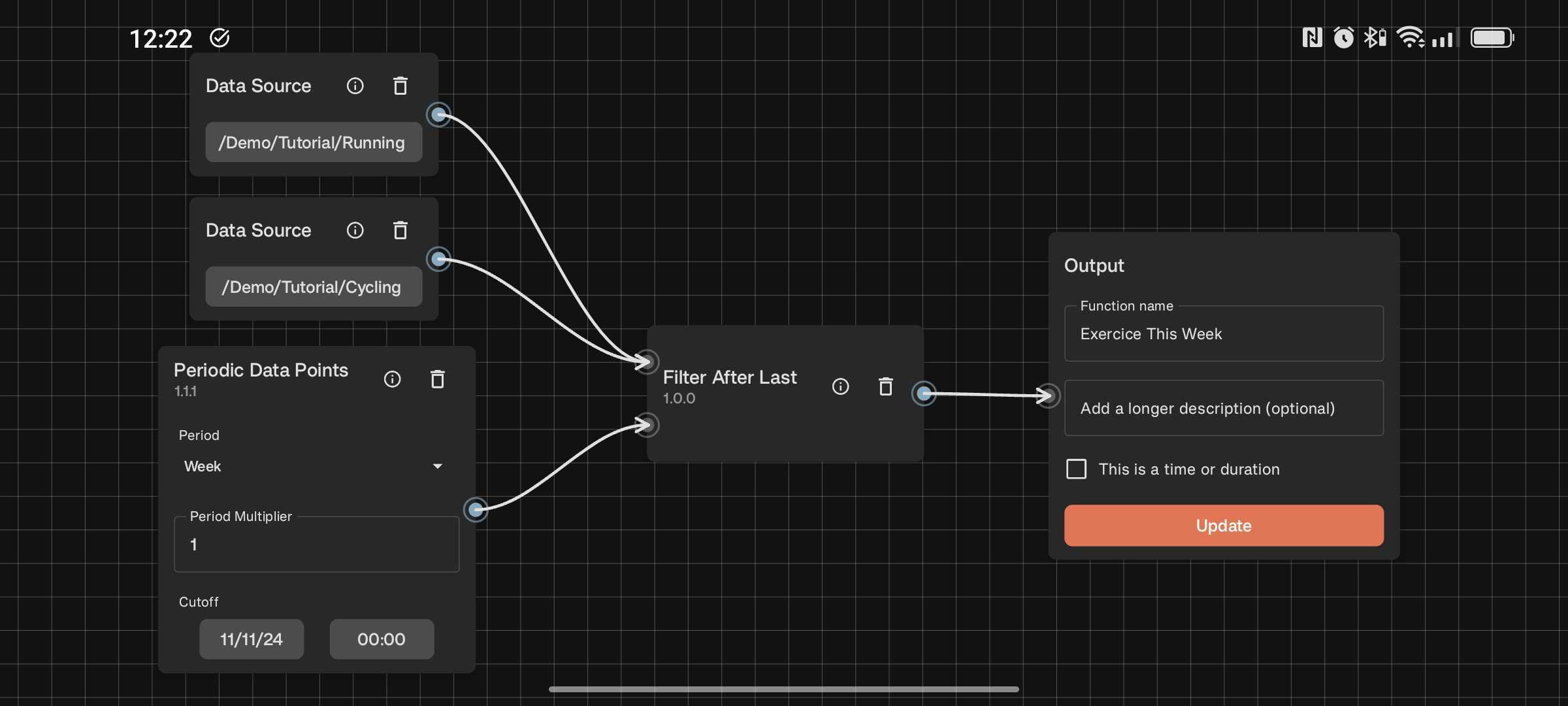 Weekly exercise filtering using Periodic Data Points and Filter After Last